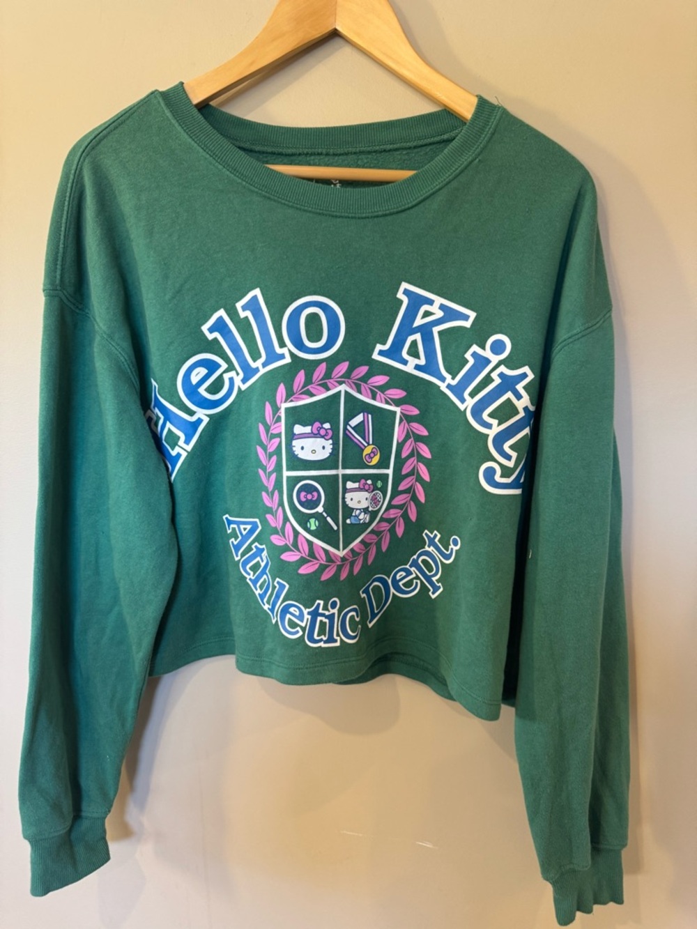 Hello Kitty Green Cropped Crewneck Sweatshirt with Pink & Blue Crest